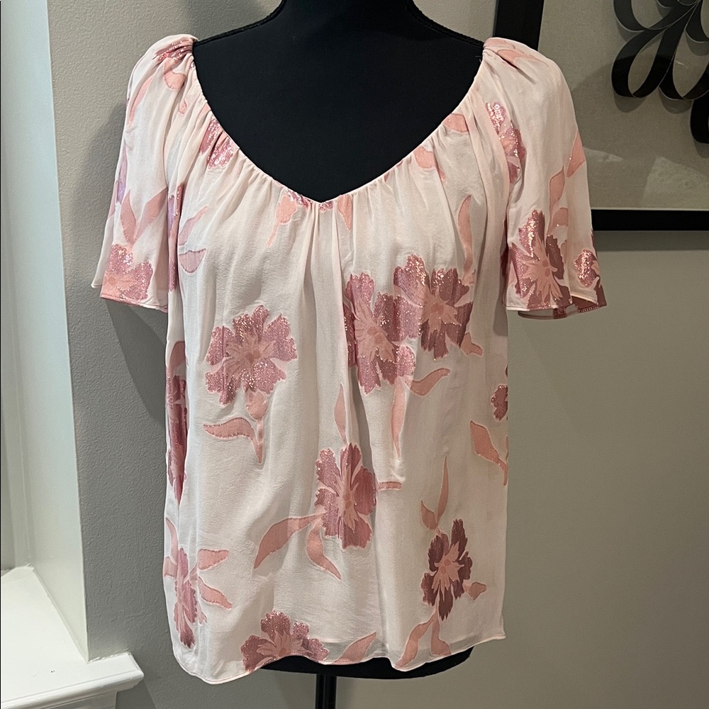 Rebecca Taylor Pink Floral Top Flutter Sleeves size small